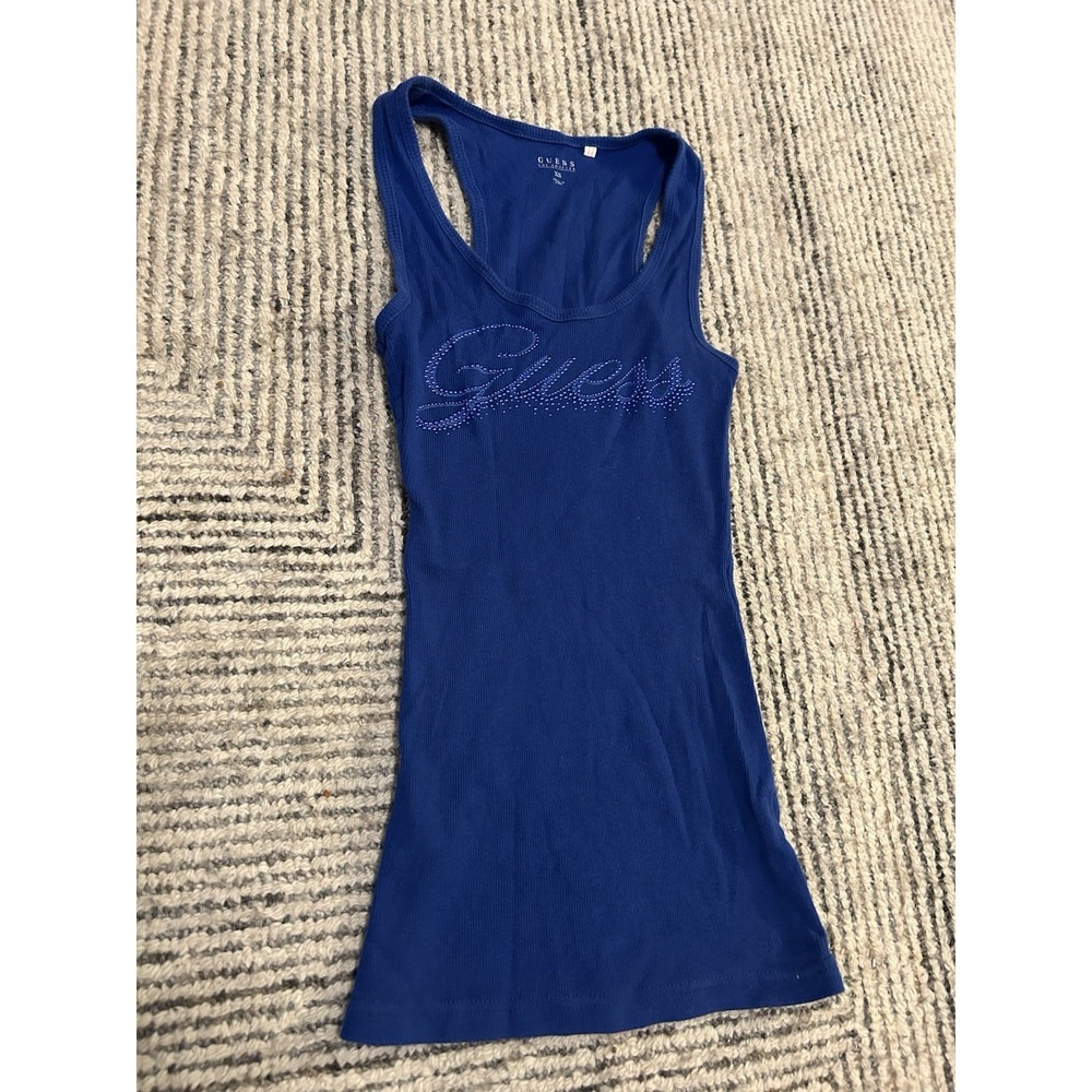 Y2K Guess Tank Top Blue Embellished Studded Rhinestones Logo Spellout XS Ribbed